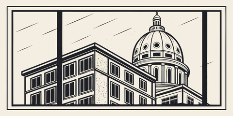 A detailed illustration of a large building with a dome and a clock tower. Vector © RABBYMIA
