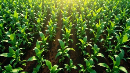 Young green corn plants growing in dark fertile soil at golden hour