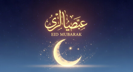 Fototapeta premium Golden Eid Mubarak Calligraphy, Glowing Crescent Moon, and Sparkling Stars on a Blue Night Sky for Islamic Celebrations and Ramadan Greetings.