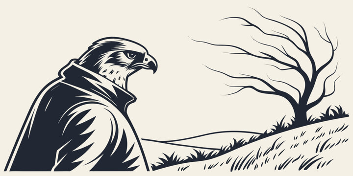 A man with a beard and a hat looking at a bird on a branch. Vector