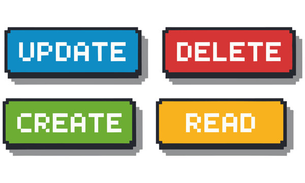 Set of Four Pixel Art Style Digital Buttons Featuring Update Delete Create and Read Commands in Green Red Blue and Yellow Colors with White Pixelated Text Isolated on a Plain White Background