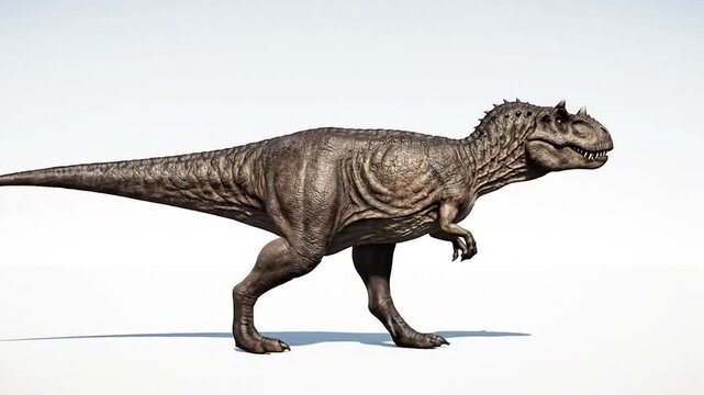A realistic 3D rendering of a Carnotaurus dinosaur walking.