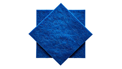 Two overlapping blue square textured shapes on a stark black background