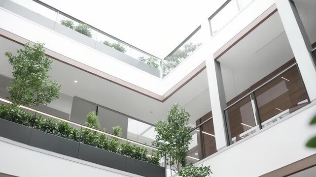 Contemporary commercial building atrium featuring multiple floors, internal balconies, and lush indoor greenery, creating a sustainable and natural work environment