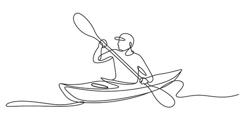 Continuous line drawing of a person paddling a kayak on the water with a single stroke. Vector, illustration