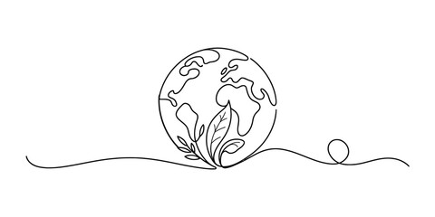 Continuous line drawing of a globe with leaves representing environmental sustainability and ecology Vector, illustration © Bobita