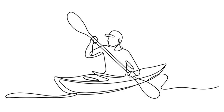 Continuous line drawing of a person paddling a kayak on the water with a single stroke. Vector, illustration