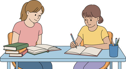 Mother helping daughter with homework at table, family education and home learning illustration