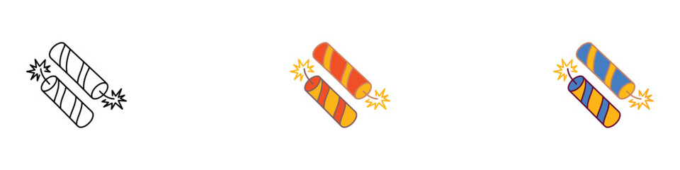 Firecracker icon set. Dynamite sticks with burning fuse for festival and party fireworks. Vector Illustration. © Graphinest