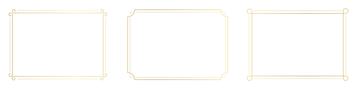 Luxury golden line border and certificate frame set. Elegant decorative rectangle frames for wedding invitation and formal award design. Vector Illustration.