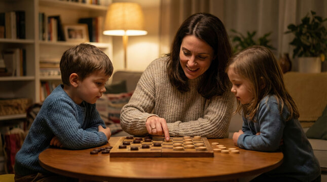 A heartwarming family scene: A mother smiles as she teaches her two children to play checkers, capturing the precious moments of family bonds, childhood growth, and shared time together.