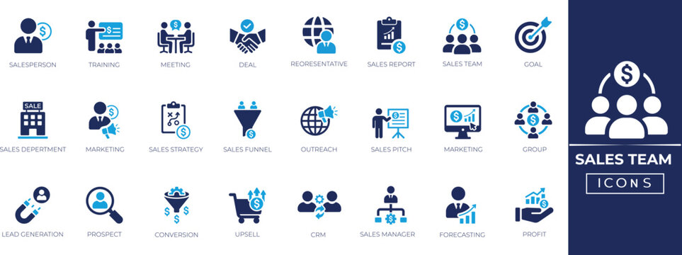 Sales solid icon set. salesperson, prospect, conversion, sales reports, marketing, sales funnel, lead generation and business workflow. Clean, modern vector icons ideal for web.