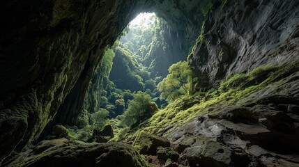 A vast cave mouth opening in a towering sheer cliff face, surrounded by dense lush green foliage, sunlight casting dramatic shadows on rocky textures 