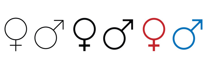 Set of female and male gender symbols. thin and thick line strokes including red and blue colored icons. venus and mars astronomical signs. © Shekhar438