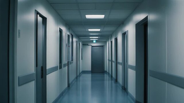 Hospital corridor with multiple closed doors lining a long hallway, illuminated by fluorescent lights on the ceiling, emphasizing a clean and sterile healthcare facility environment