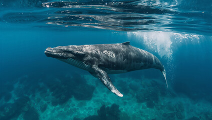 Naklejka premium 透明なターコイズの海で泳ぐクジラと浅瀬の光が揺れる水中風景