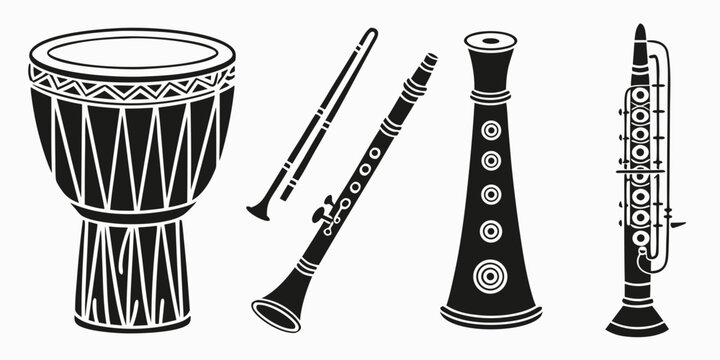 Diverse musical instruments including a djembe drum and various wind instruments Vector