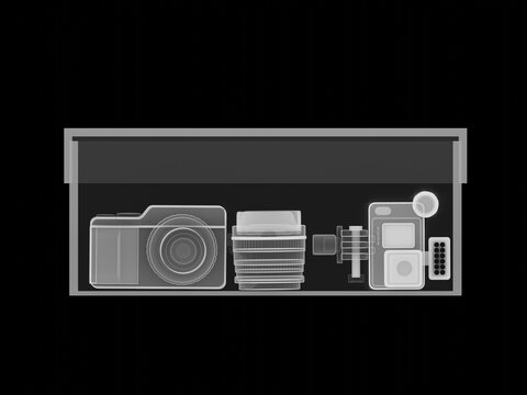 X ray style 3D render of camera equipment and accessories arranged inside a storage case.