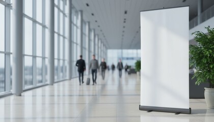 Blank roll up banner display standing in modern airport terminal hallway with blurred people