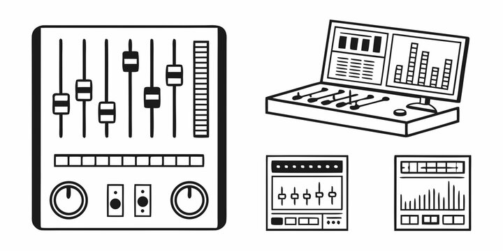 A collection of various audio editing and mixing equipment and software interfaces. Vector