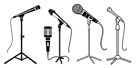 A variety of microphones on stands for different audio recording and broadcasting purposes Vector © MD MOGAMMEL HAQUE 