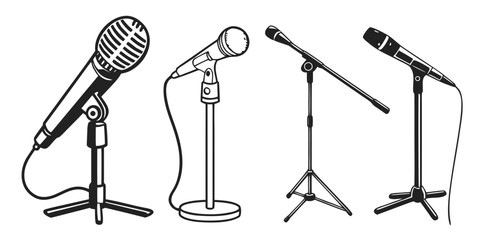 Four different types of microphones on stands in a row. Vector © MD MOGAMMEL HAQUE 