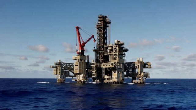 A large offshore oil rig platform stands in the middle of a vast, deep blue ocean under a clear blue sky with scattered clouds