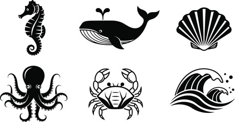 Marine life silhouette icons set featuring whale seahorse octopus crab shell and ocean wave black vector collection © Creatives World
