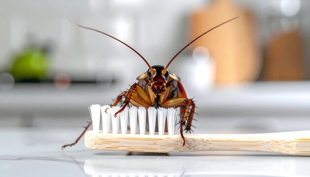 A cockroach perches on a toothbrush