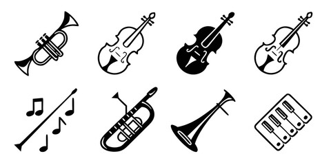 A collection of musical instruments including a trumpet, trombone, violin, and piano. Vector © MD MOGAMMEL HAQUE 