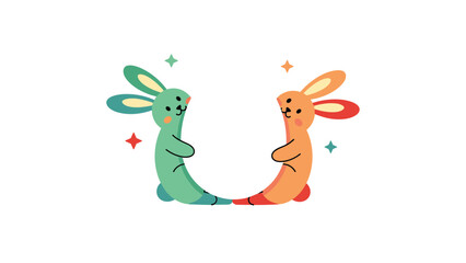 Fototapeta premium Two cute stylized rabbits in green and orange colors facing each other with twinkling stars on a clean white background.