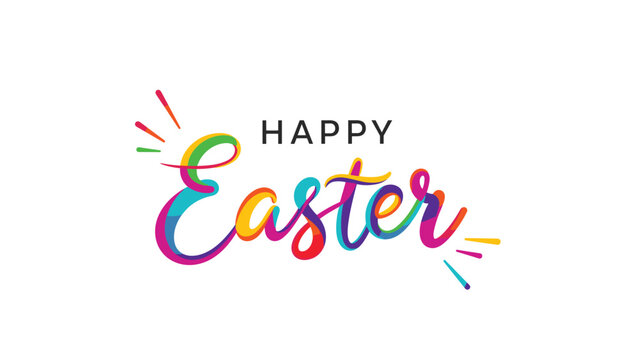 Colorful happy easter greeting text design with vibrant rainbow colored brush strokes isolated on a clean white background.