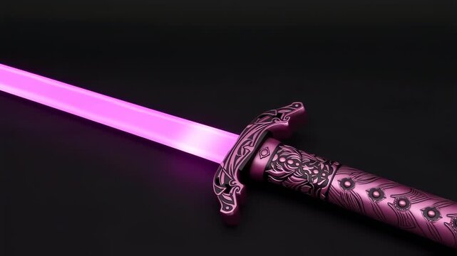 Elegant sword with pink glowing blade on black background
