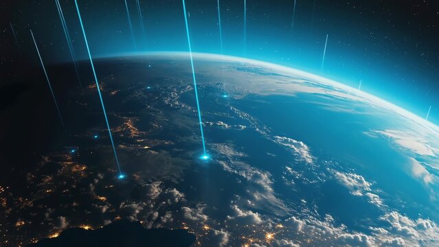 A Stunning Visualization of Earth from Space with Luminous Beams and a Vibrant Blue Atmosphere, Capturing the Beauty of Our Planet in the Cosmos