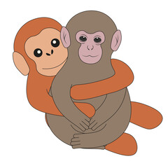 Very lonely monkey hugs with her mother. Punch monkey vector illustration isolated transparent background. Editable stroke. EPS 10 © Olga Igumenova