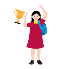 cheerful young girl holding golden trophy success winning competition