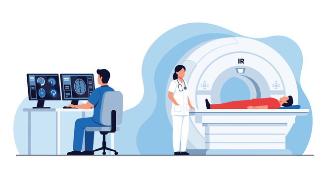 MRI Scan Procedure in Hospital Radiology Department with Doctor, Technician and Patient Undergoing Magnetic Resonance Imaging Vector Illustration