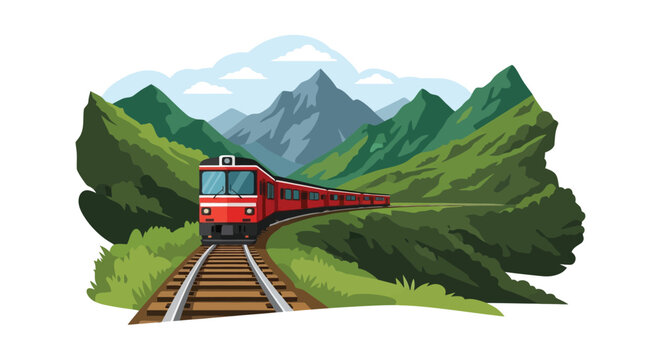 A red train travels along a winding track through mountainous terrain