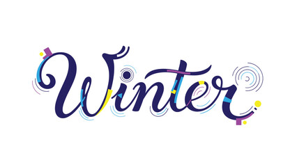 Artistic and colorful winter text design with abstract geometric shapes and lines on a clean white background.