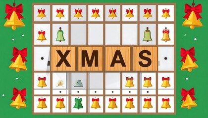A Christmas-themed grid with wooden tiles and bells