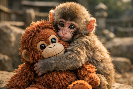 Baby Japanese macaque monkey hugging a plush orangutan toy, emotional expression, cinematic lighting, soft sunlight, shallow depth of field, Japanese zoo environment background, natural fur detail, he