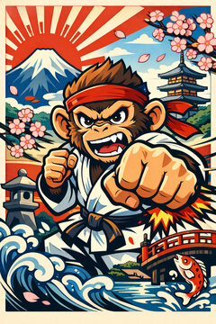 Cute monkey throwing a strong punch in Japanese anime style, dynamic action pose, motion lines, inspired by traditional Japanese street background with torii gate and sakura petals, bold clean vector 