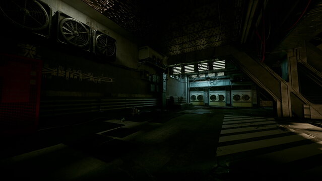 dimly lit abandoned mall concourse with flickering fluorescent lights, cracked tiles and puddled reflections, empty storefronts with graffiti, shadowed