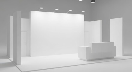 Obraz premium A minimalist, all-white empty trade show booth with a reception desk and spotlights, ready for branding.