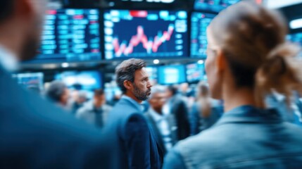 Businessman looking at stock charts with the background of a trading floor.