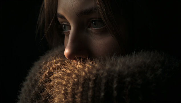 白人の女性30代が毛羽立つウールに顔を埋める安心感を陰影で描く接写