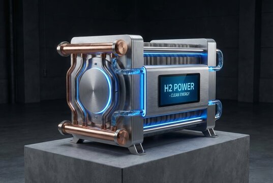 Metallic hydrogen fuel cell stack with digital power display and glowing blue pipes