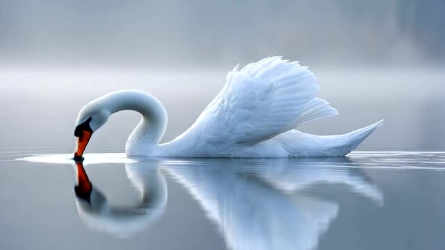 Elegant swan gracefully feeding in serene lake waters