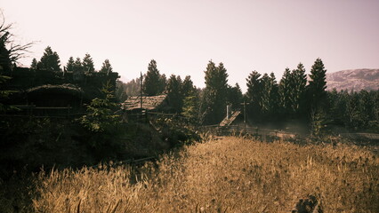 Serene pastoral scene with warm sunlight and distant cottages, Vintage farmland fencing framing tranquil village landscape illuminated softly © icetray