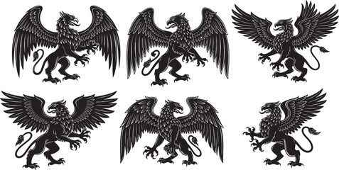Griffin silhouette set, mythical creature eagle lion hybrid, heraldic heraldry symbols, cad drawing flat vector illustration, fantasy monster mascot, © prof.design